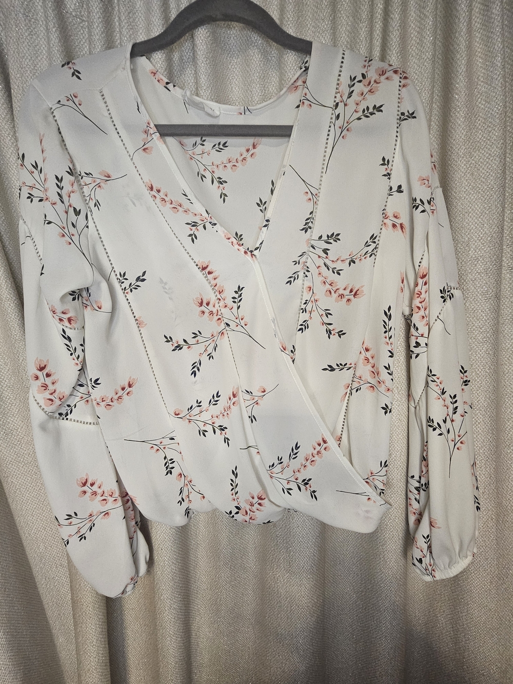 Floral Wrap-Front Blouse in White with Pink Accent